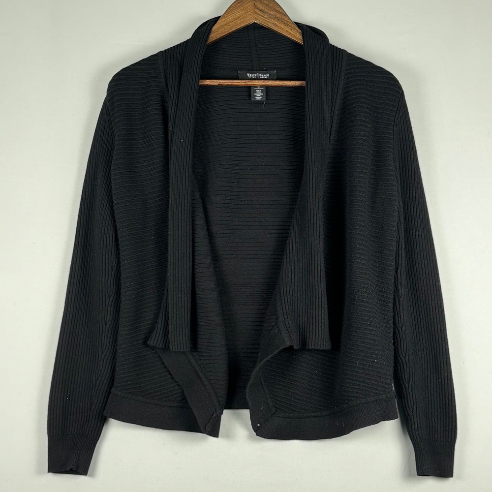 White House Black Market Cardigan Women Medium Black Excellent Ribbed Open Front